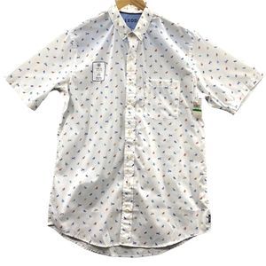 Izod Men's 2XL White Button-Down Shirt Short Sleeve Beach Chair Print COOL FX